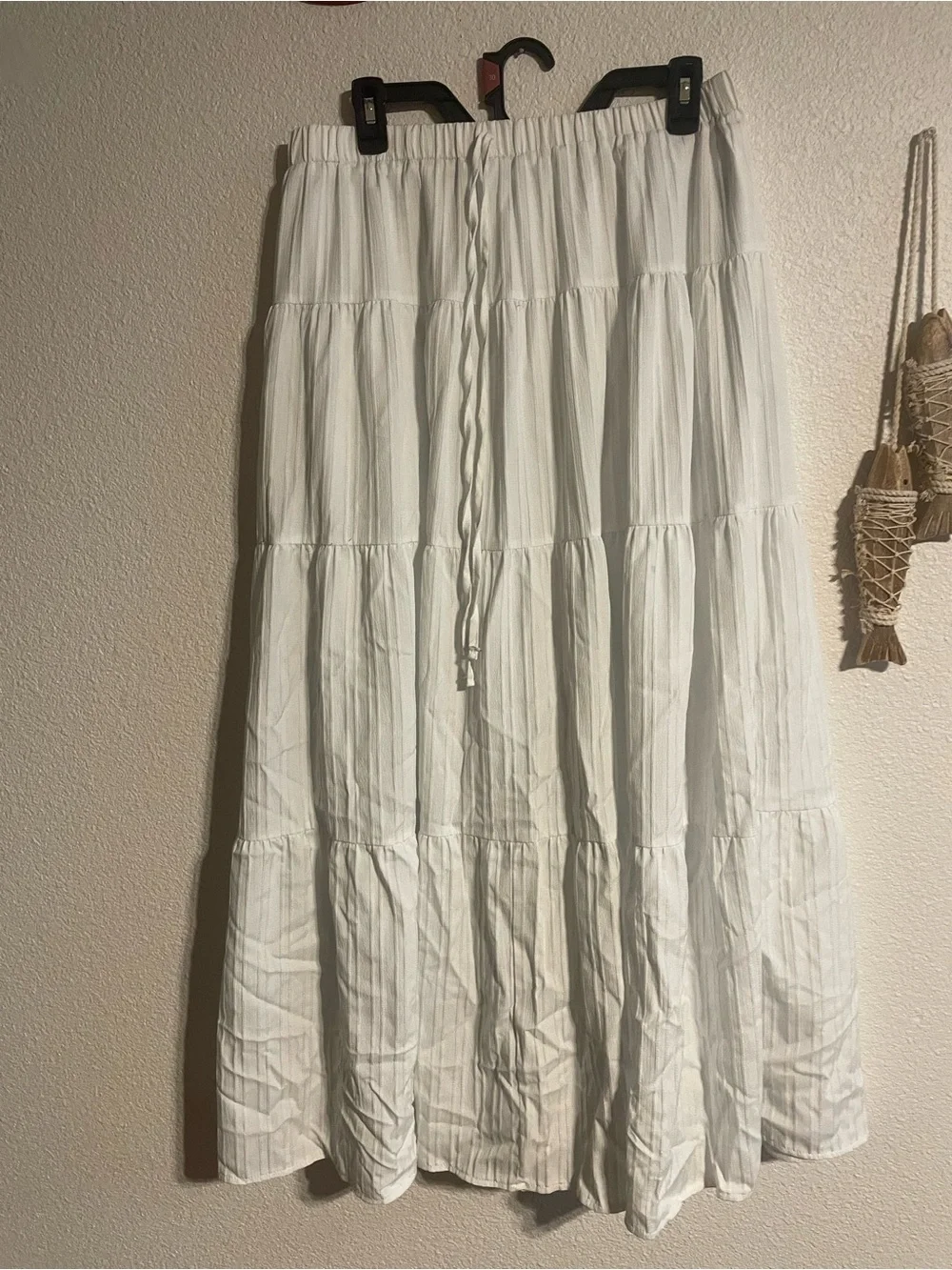 Women's White Tiered Maxi Skirt - Lightweight Drawstring Waist. O XL